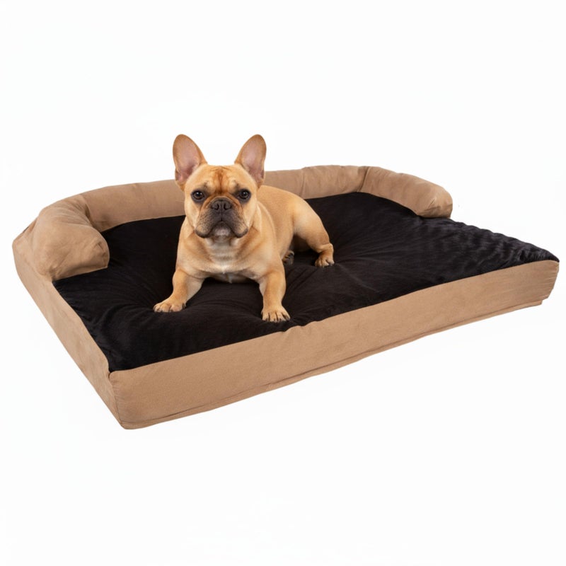 PETMAKER Sofa Dog Bed â€“ 35.5x25.5 Pet Bed - 3-Layer Orthopedic Dog Couch with Cooling Gel, Memory Foam and Neck Bolster (Tan/Black), Large - Image 1